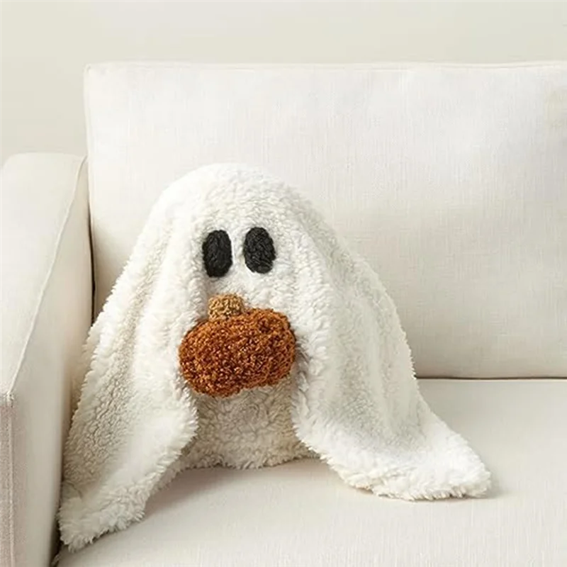 Fantasma con almohada de calabaza, fantasma de Halloween con almohada de calabaza, regalo para fanáticos, peluche suave de fantasma de Halloween