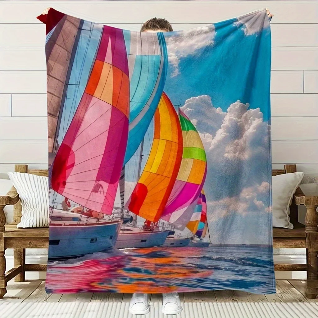Cozy Multicolor Sailboat Theme Flannel Blanket - Soft, Breathable  Polyester, All-Season Comfort, Machine Washable, Perfect