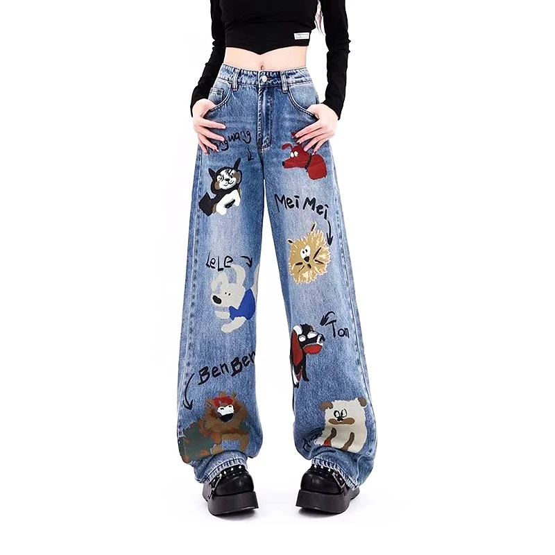 Trend Jeans New Harajuku Hip Hop Retro Jeans Denim Pants For Women Graffiti Cartoon High Waist Straight-Leg Pants Trousers SL111