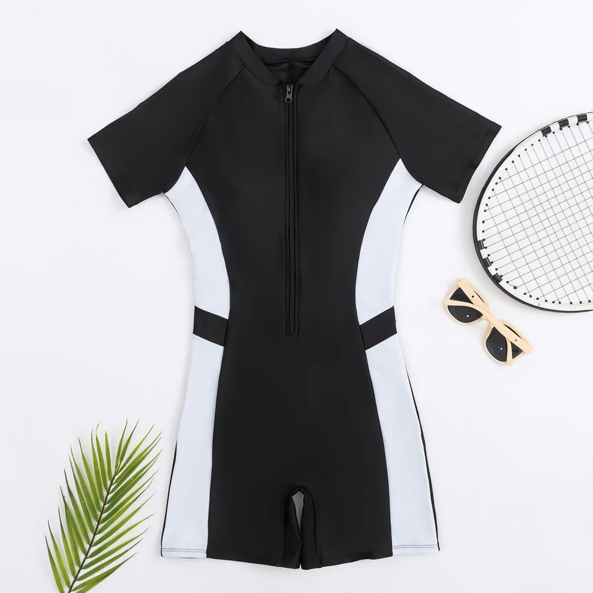 New One Piece Swimsuit for Women Half Sleeved Surfing Suit Black White Contrast High Elasticity Conservative Zipper Style Bikini