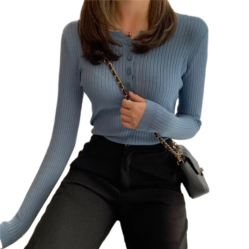 

Women's Slim Fit Knitted Sweater Button Front O-Neck Pullover for Spring Autumn Casual Basic Tops Solid Color Bold Stripes 2025