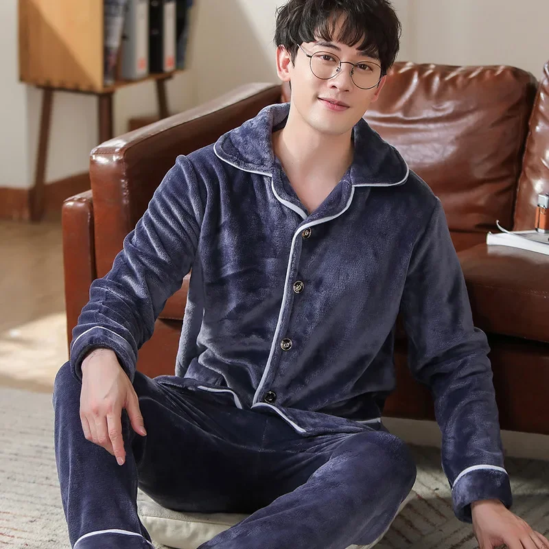 Pijama de flanela grande masculino, cardigã espesso, manga comprida, além de veludo, quente, velo coral, Homewear