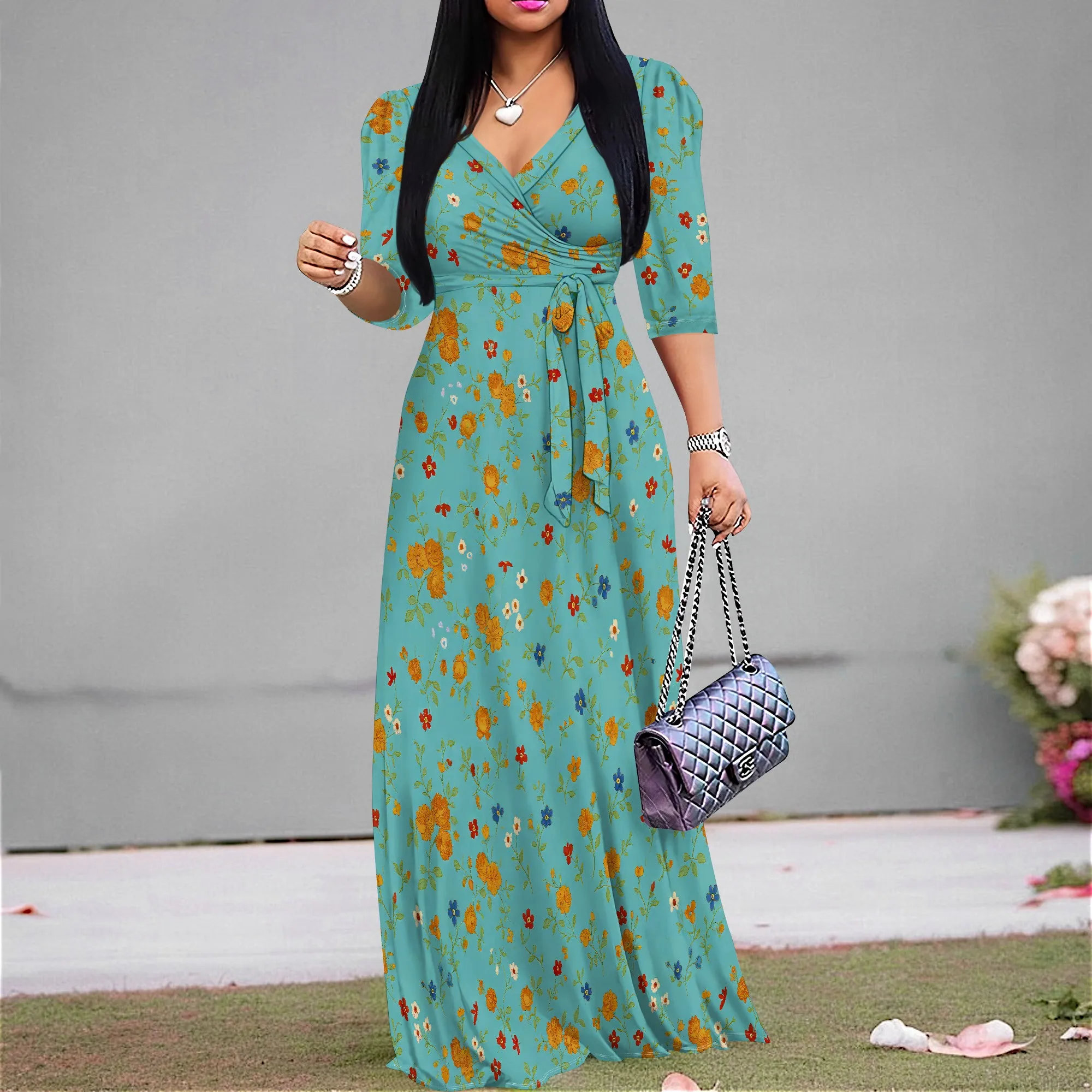 สตรีผีเสื้อพิมพ์ชุดยาว 3/4 Sleeve Wrap V คอลําลอง Flowy Beach Maxi Dresses พร้อมเข็มขัด