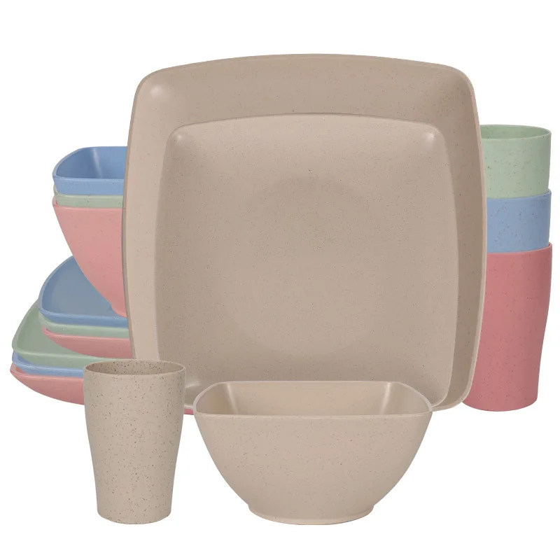 

Квадратная посуда и тарелки из пшеничной соломы, набор из 16 предметов, квадратная тарелка для салата, стейка, квадратная чаша, маленькая чашка на талии, набор посуды