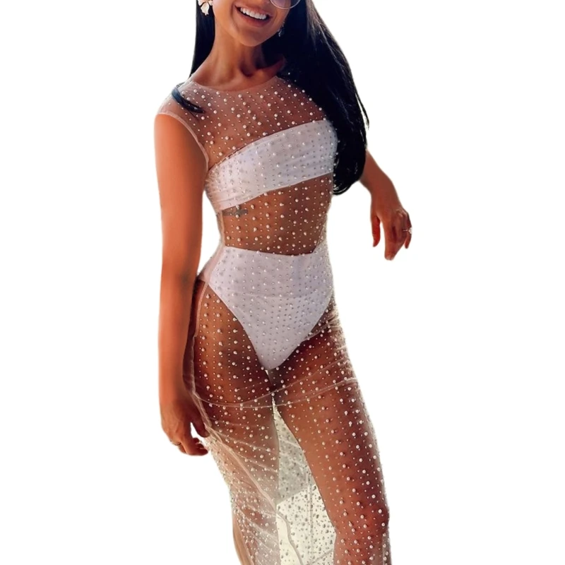 2024 New Womens Mesh-Bikinis Cover Up-Bling Rhinestones Maxi-Dress Sleeveless Bodycon Dresses Sexy See Through Swimsuit Cover Up