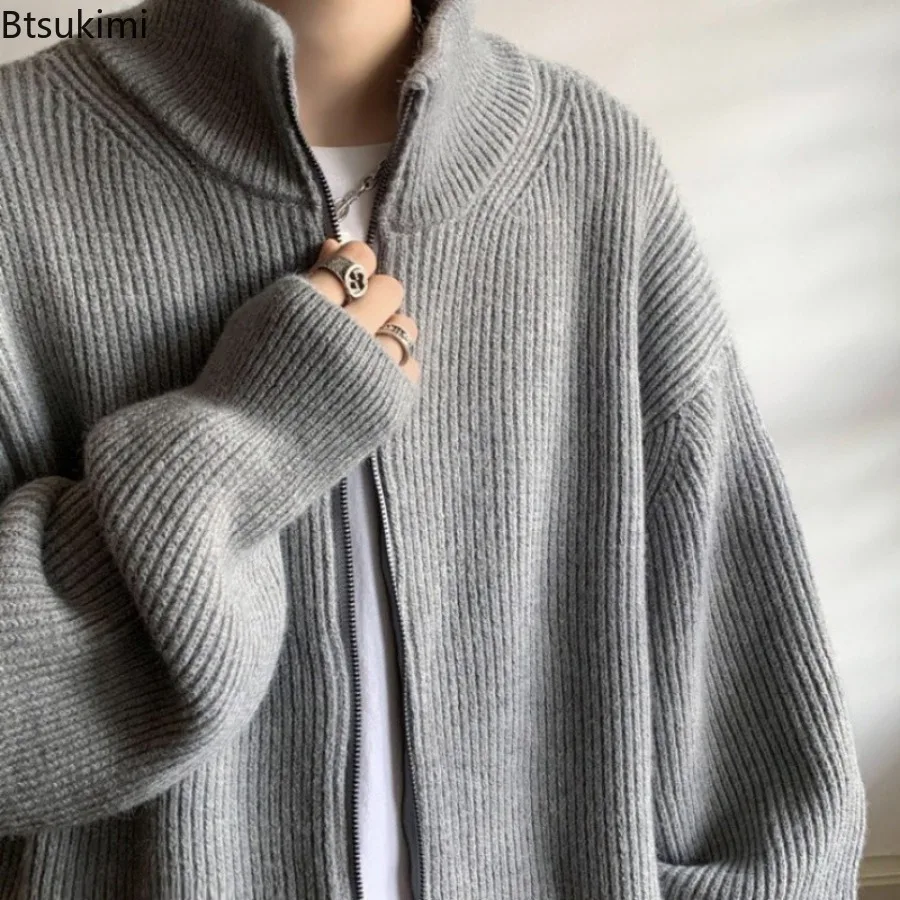 Autumn Winter Men\'s Knitted Cardigan Sweaters Fashion Solid Thicken Turtleneck Zipper Sweater Coats Korean Loose Casual Jackets