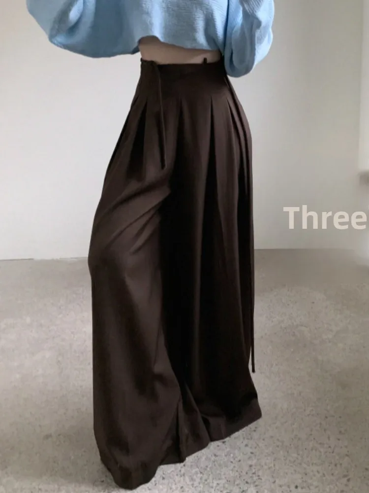 Pantaloni casual dal design Dstring a vita alta chic Pantaloni versatili lunghi fino al pavimento pieghettati per le giovani donne pendolari