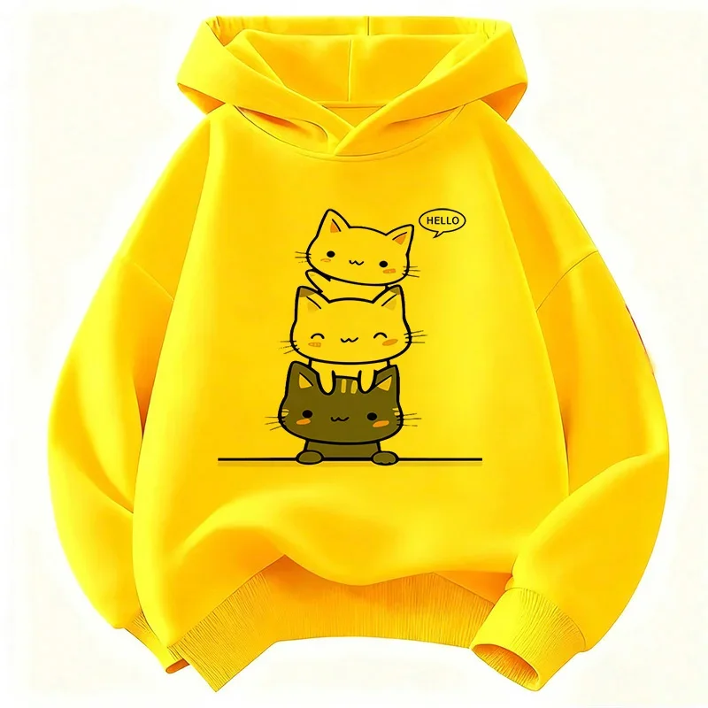 Katzen-Hoodie, süß, Kawaii, gestapelte Katzen, Hello Cartoon, minimalistisch, ästhetisch, Oversized, lässig, Sport-Sweatshirts für Kinder – Detail 7