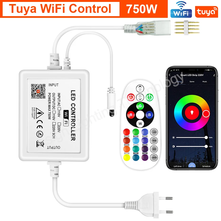 

TUYA Wi-Fi/Bluetooth/Zasilacz с дистанционным управлением, вилка европейского стандарта, 750 Вт, 1500 Вт, 4-контактный контроллер RGB с регулируемой яркостью для 220 В, неоновый свет, светодиодная лента