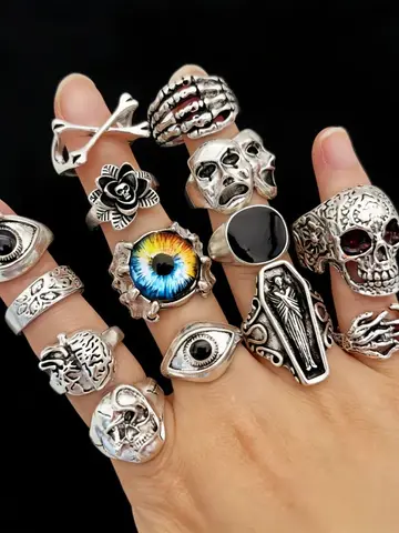 10/20/30/50/100Pieces Vintage Punk Skull Eye Rings Set For Women Men Mix Style Hip Hop Finger Ring Jewelry Party Gift