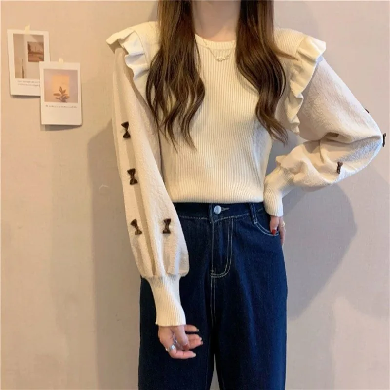 New Women's O Neck Lantern Sleeve Spliced Sweater Korean Sweet Casual Knit Tops Bow Printed Pullover Soft Slim Knitwear Jersey