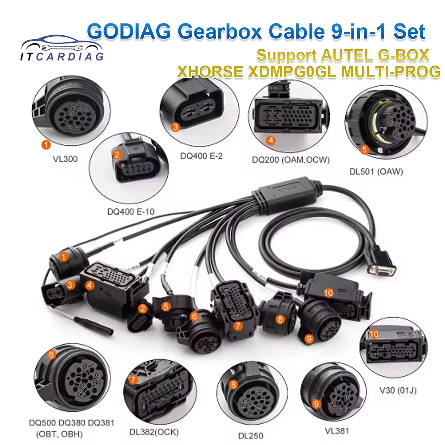 

GODIAG Gearbox Cable 9-in-1 Set for V-A-G V30/ DQ200/ DL501/ VL300/ VL381/ DQ500/ DQ250/ DQ380/ DQ381/ DQ400E for Multi Prog
