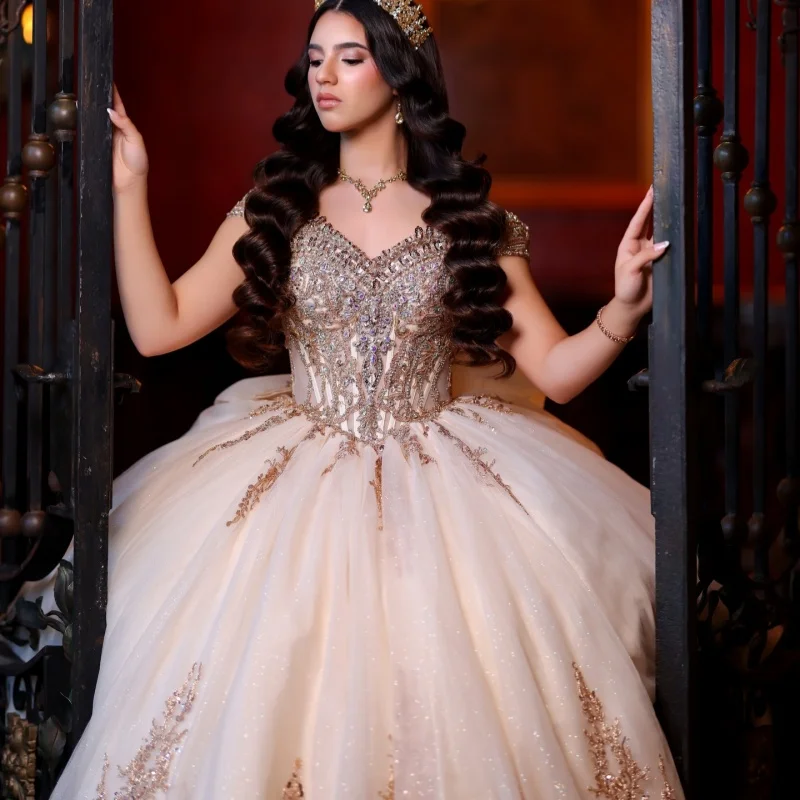 

Light Champagne Quinceanera Dress off-shoulder Golden Glitter Crystal Decal Long tail Bow vestidos de 15 Quinceanera ﻿Customize