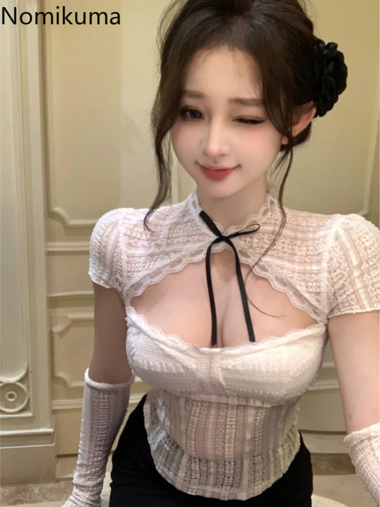 Sexy Camisas De Mujer Summer Korean Blouses for Women Short Sleeve Tunci Lace Shirts Y2k Tops Bow Hollow Out See Through Blouse