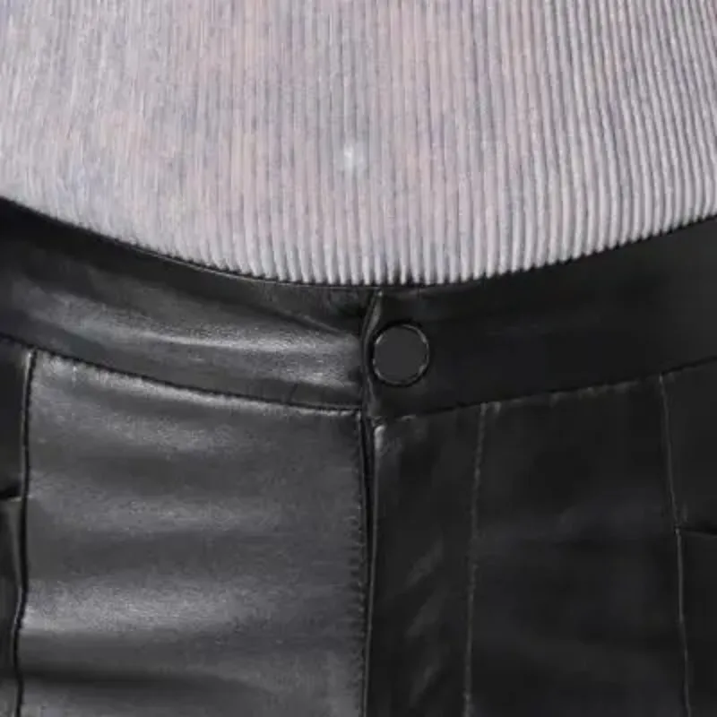 High Quality Women New Fashion High Waist Genuine Real Sheep Leather Pants Streetwear Women Flare Pants Black