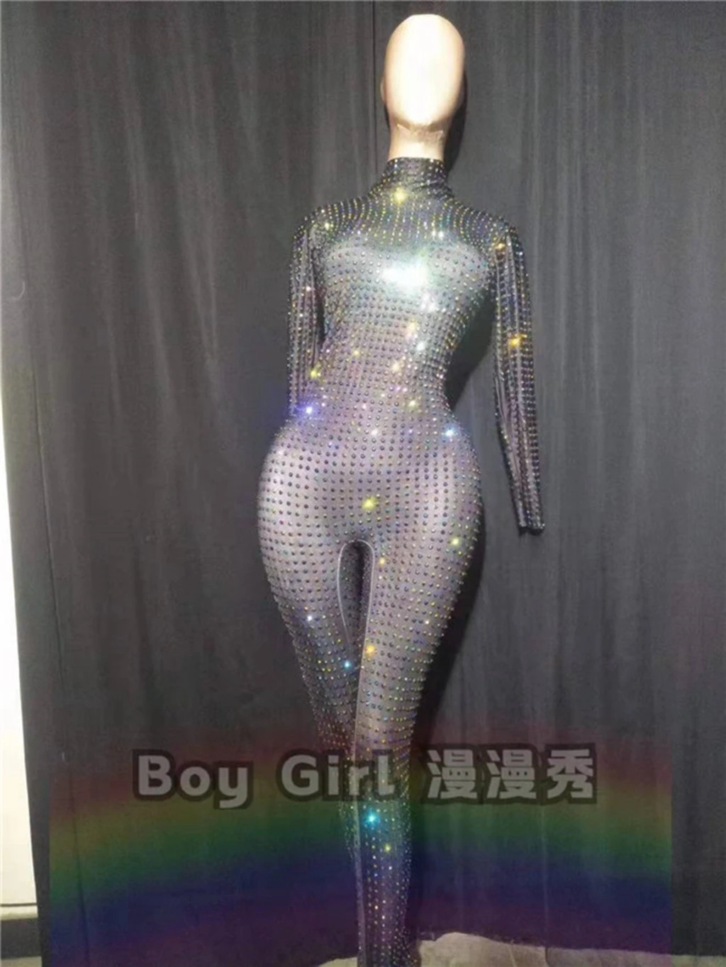 

Front Back Bright Diamond High Neck Long Sleeve High Stretch Bodysuit Female Singer Dancer Costume Aerial Acrobatics Stage Wear