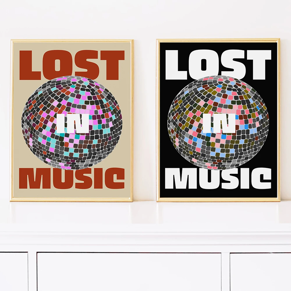 Lost In Music Posters Disco Ball Canvas Painting Trendy Music Wall Art Pictures for Living Room Kitchen Home Decoration No Frame