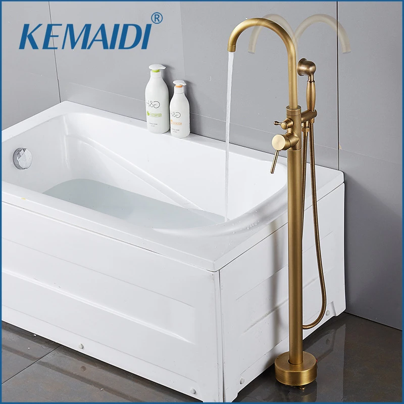 

KEMAIDI Antique Brass Bathtub Shower Faucet Set Floor Standing Shower Systerm with 360 Swivel Spout Bathroom Bath Bathtub Mixer