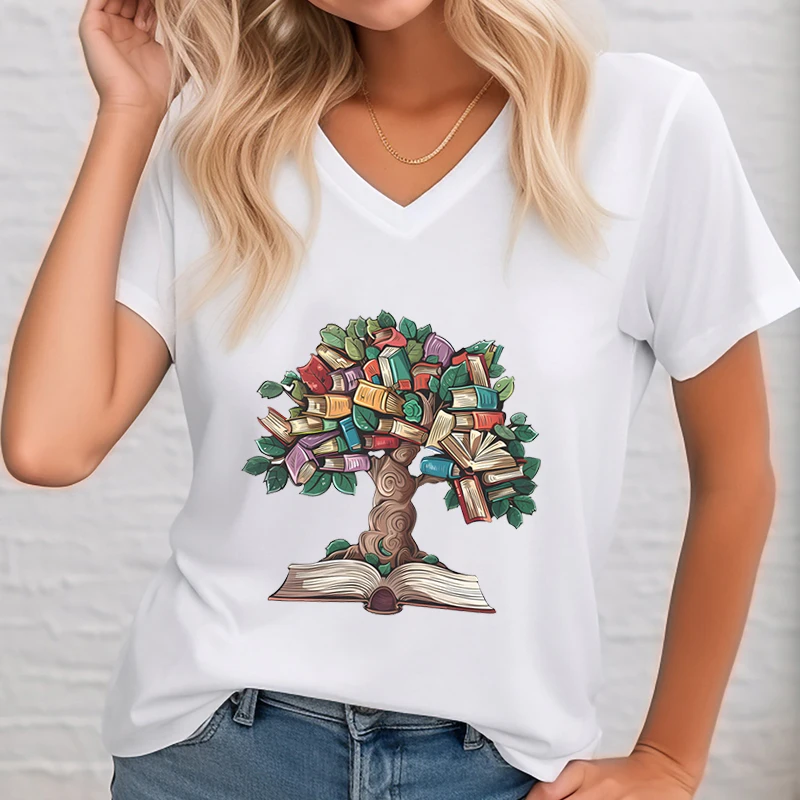 Vintage Book Tree Graphic T Shirt Women Reading Lover Gift Summer Clothes Women Vintage Retro Book Essential Short Sleeve Tshirt