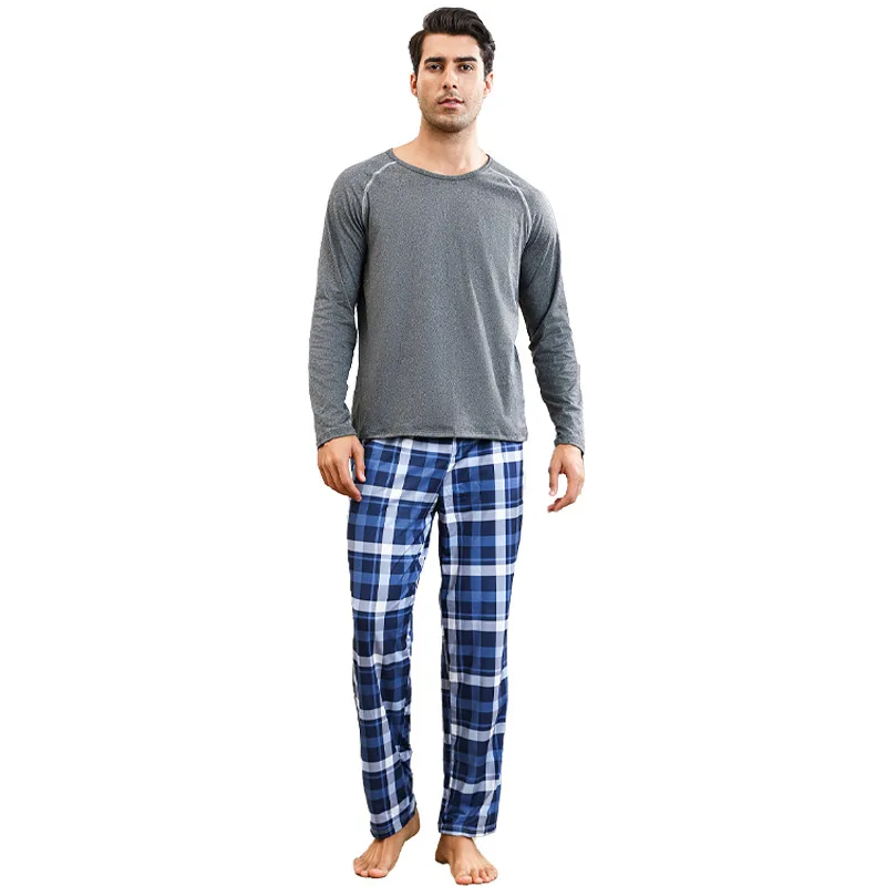 

Men's Pajamas Set Loose and Simple Large-size Plaid Pajamas Autumn and Winter Two-piece Sets of Long-sleeved Trousers Loungewear