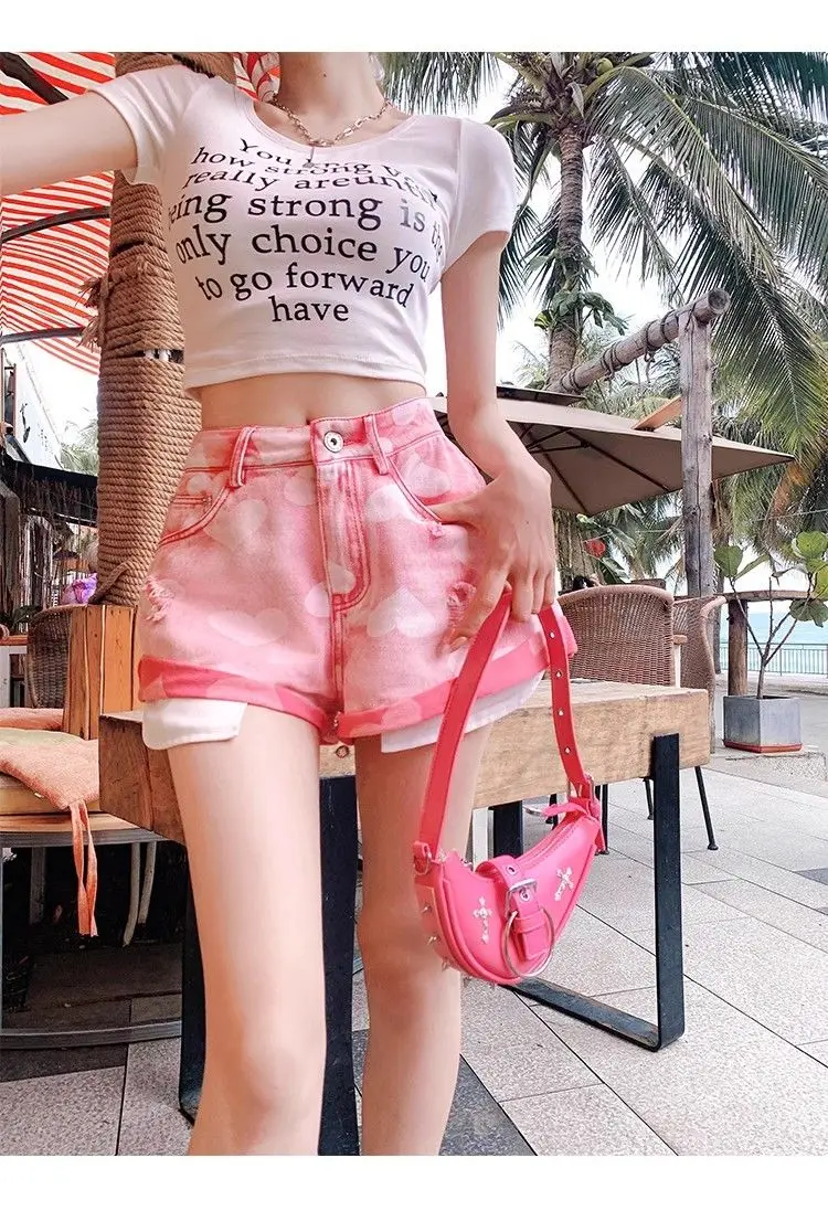 Sweet And Spicy Girl Pink Love Jeans Flanging Shorts Summer High Waist A Spice Girls Age-Reducing Wide-Leg Pants Women