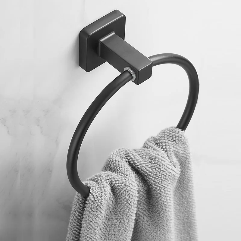 Matte Black Finish Stainless Steel Bathroom Towel Holder Wall-Mounted Round  Towel Rings ,Towel Rack