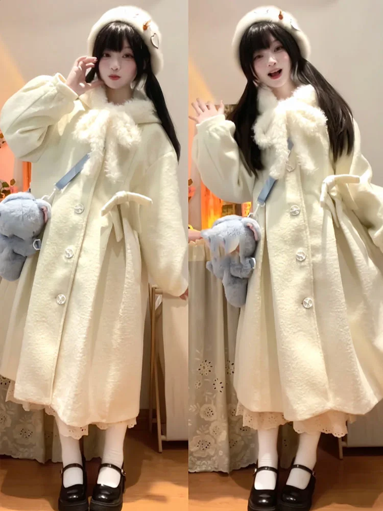 

Y2k Harajuku Sweet Bow Lolita Woolen Coats Winter Thicked Warm Tops Vintage Loose Mid-length For Women Chaqueta Mujer