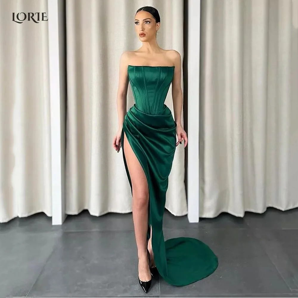 

LORIE Strapless Formal Evening Dresses Mermaid Dubai Sexy Bodycon Celebrity Gowns Emerald Side Split Satin Party Dress Custom