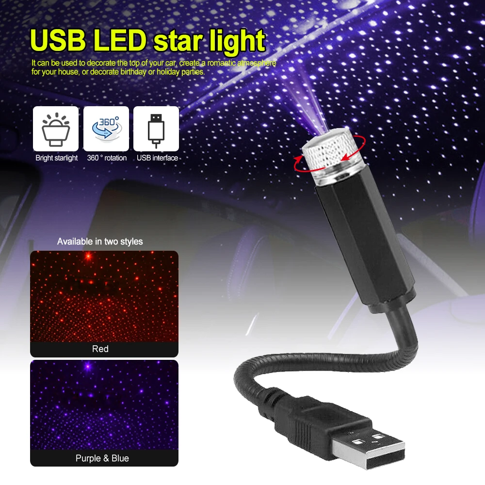 

Romantic LED Car Roof Star Night Light USB Starry Sky Projector Atmosphere Galaxy Lamp Adjustable Car Interior Decorative Light