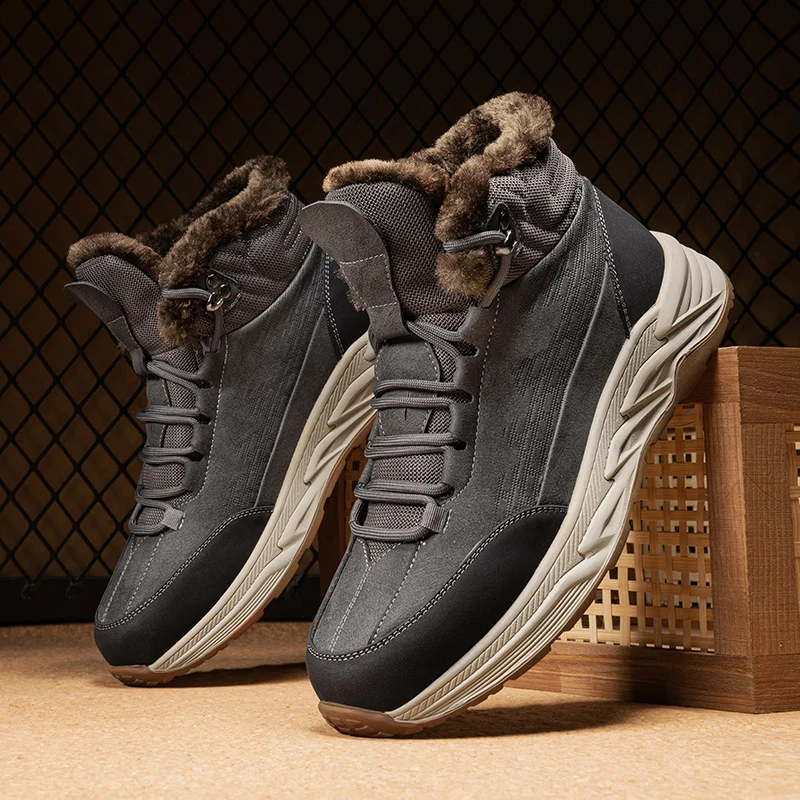 

Mens Boots High Top Shoes Cowboy Leather Ankle Boots Man Non-Slip Outdoor Winter Hiking Botas Winter Plush Snow Boots for Men