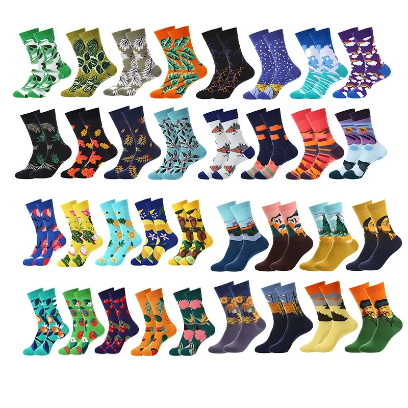 Fashion Weather Fruit Leaf Oil Painting Series Men\'s Mid tube Tidal Socks Tidal Brand Spring and Autumn Cotton Socks