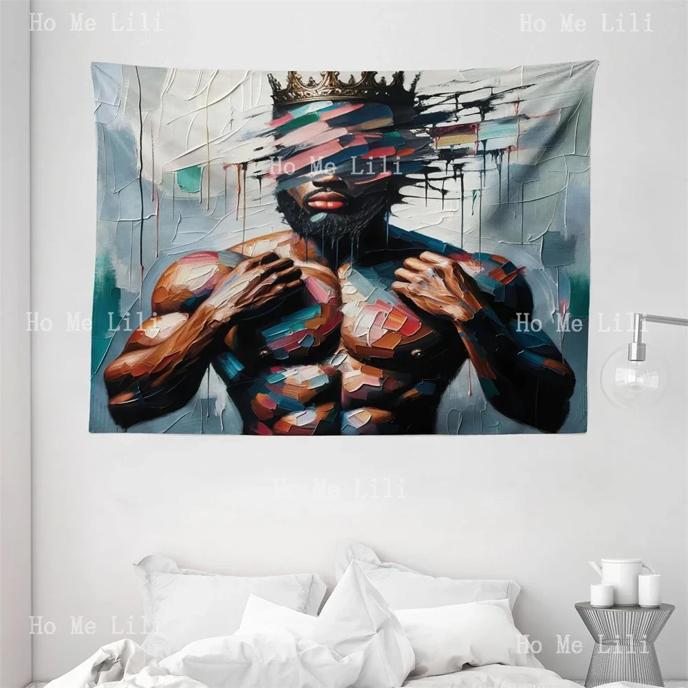 Strong Black Man With A Crown Face Of Strokes Modern Painting Print Afro Art Tapestry Wall Hanging Decor