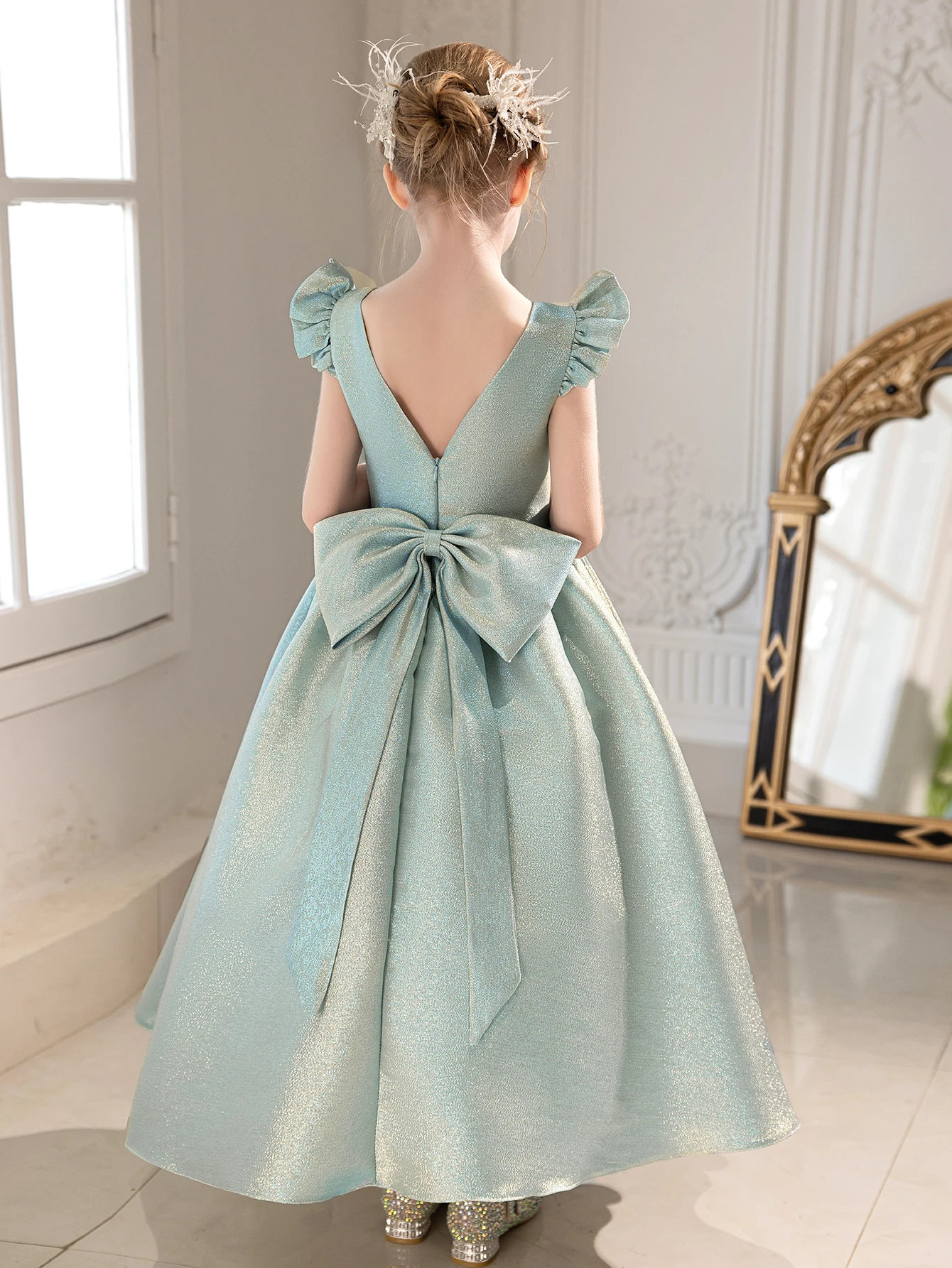 High End Elegant Girl's Blue Dress With A Big Bow At The Back Long Dress For Weddings Birthdays And Parties - view 2