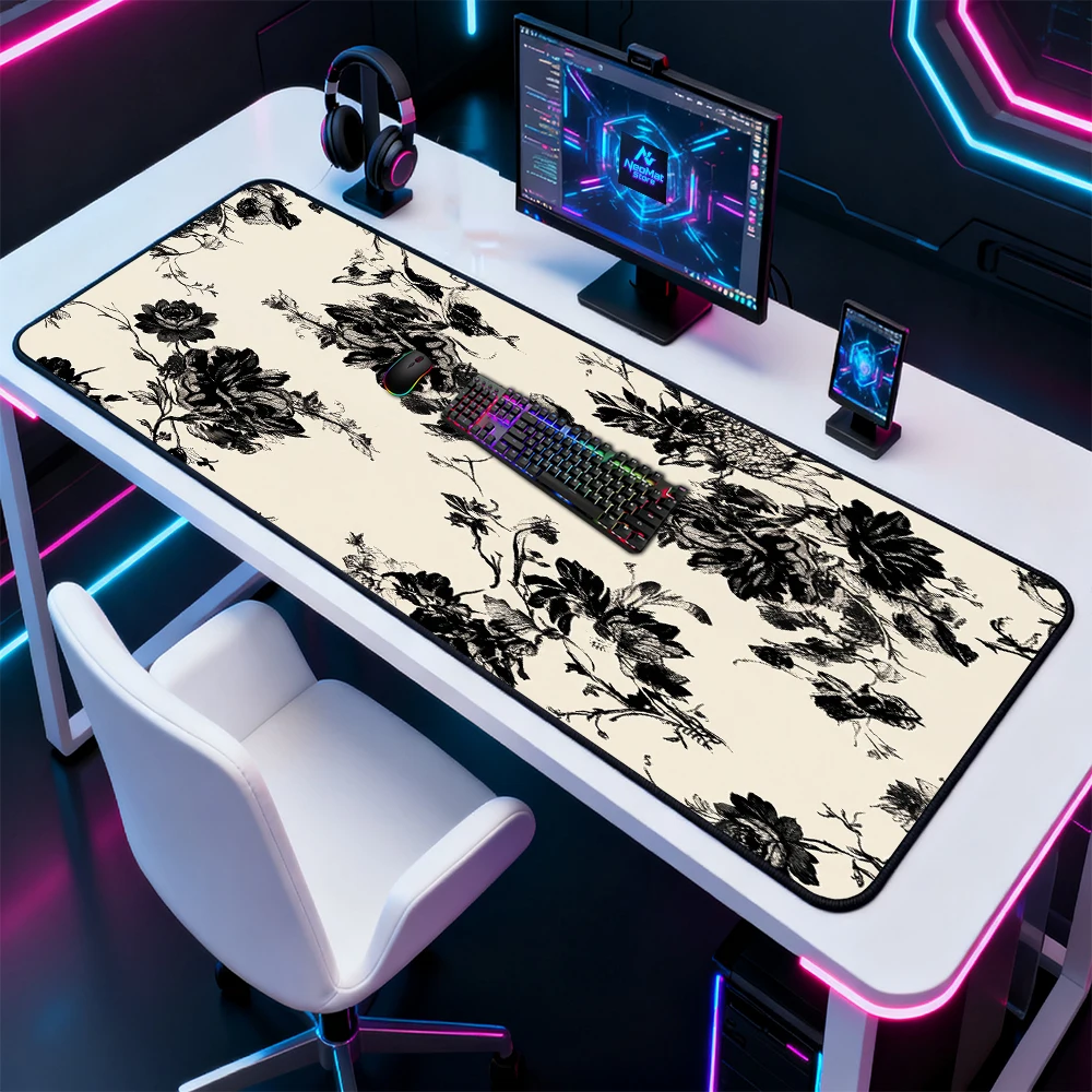 Floral Mouse Pad Desk Mat 120x60 White Ink Botanical Gaming 140x60 Elegant Mousepad Black Vintage Style XXXL Very Large