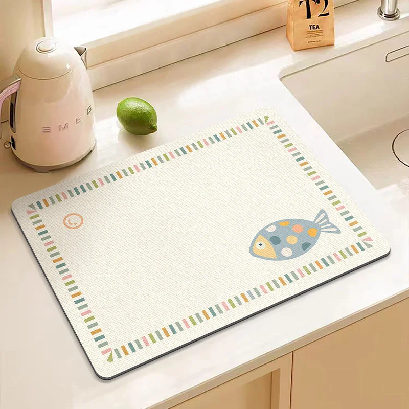 VIKAMA Nautical Fish Stripes Quick Dry Absorbent Non Slip Washable Kitchen Counter Drying Mat Fall Kitchen Mat
