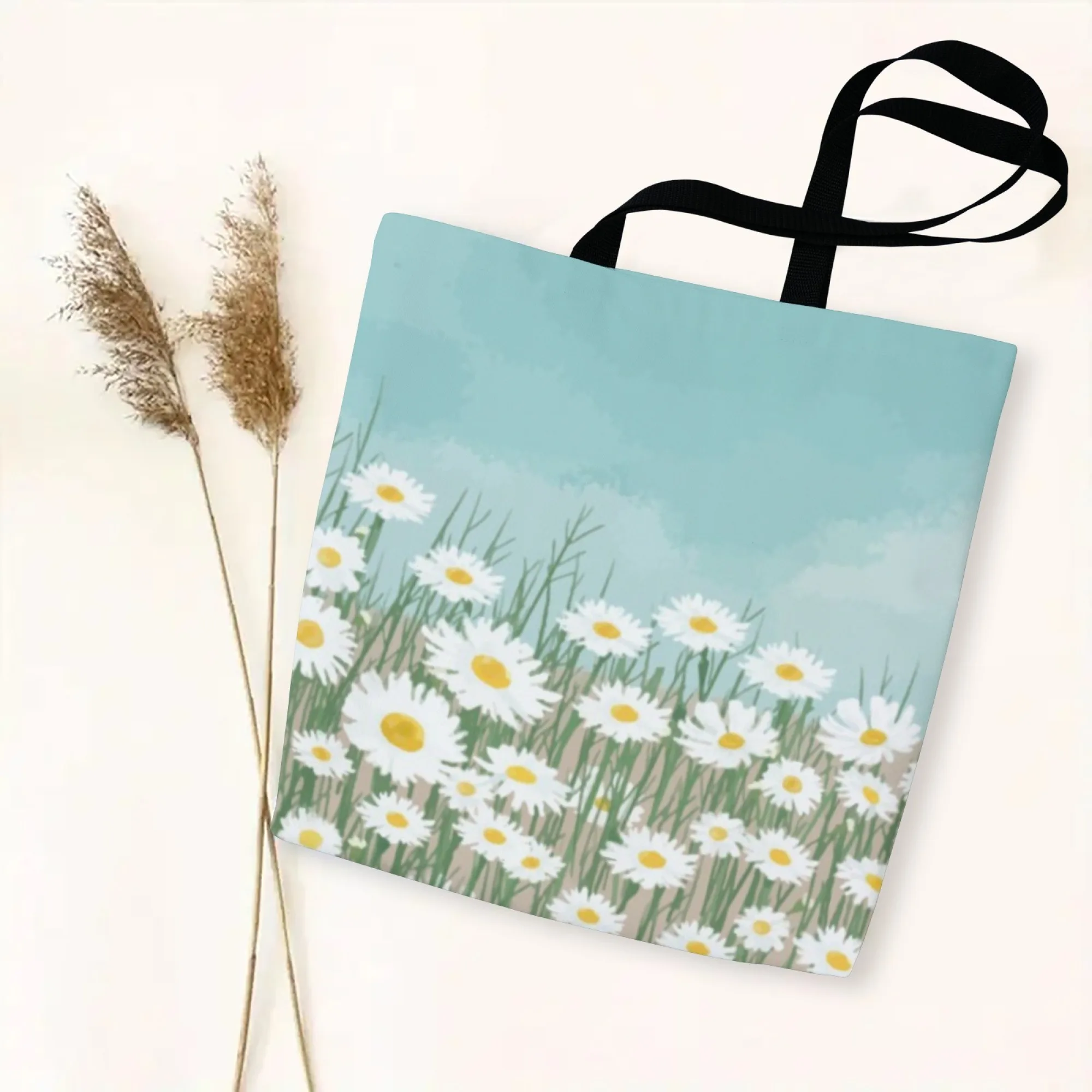 Durable Daisy Rural Canvas Tote Bag Sky Blue Fresh Print Large Capacity Casual Handbag for Women Reusable for Shopping Travel