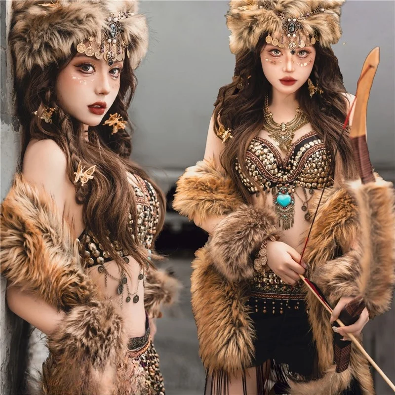 Studio Exotic tribal travel photo shoot Costume Imitation fur hat with cape gold suit