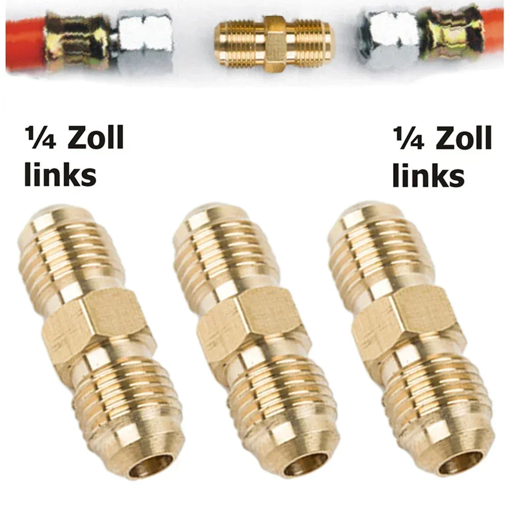 

3pcs Gas Hose Connector Air Conditioning Copper Straight Pipe Size Brass Quick Connector 1/4" Left Double Nipple Coupling