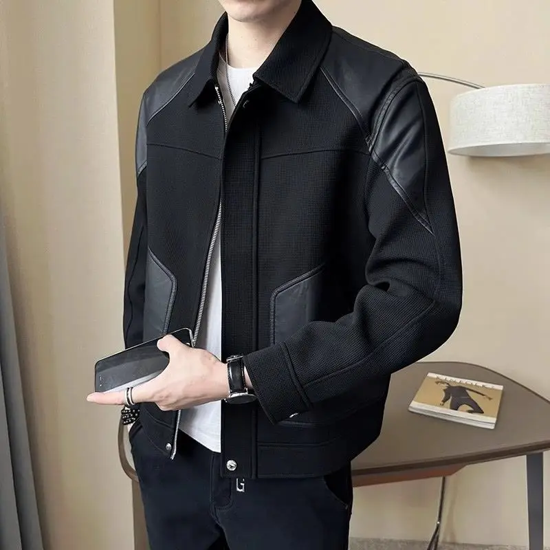 

Pi Shuai PU Leather Splicing Jacket Men's Trendy Brand Knitted Top