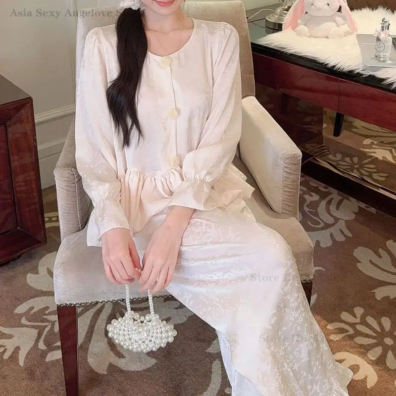 

Комплект пижамы в французском стиле «Принцесса»: шелковая жаккардовая пижама из ледяного шелка, топ с длинными рукавами и брюки, новая атласная домашняя одежда для женщин