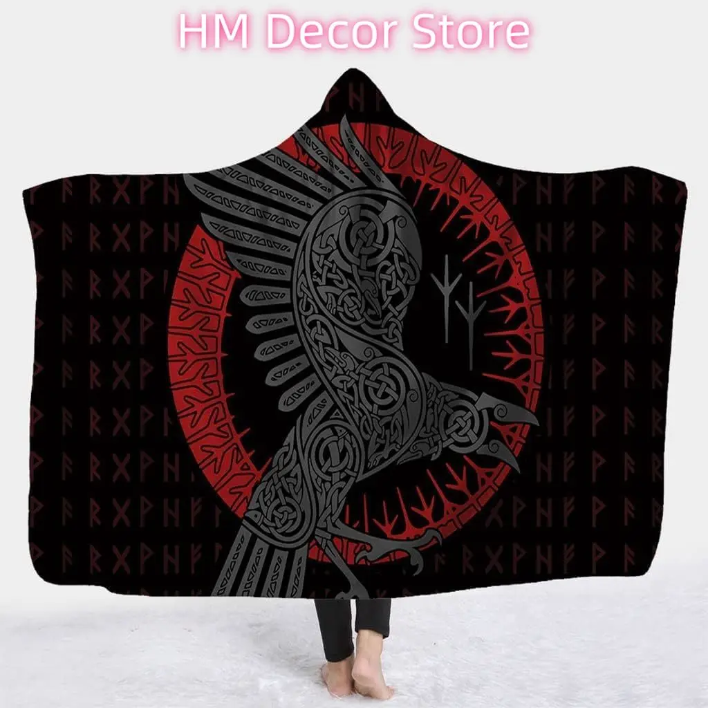 Vikings Throw Blanket Odin's Ravens Runes Hooded Blanket 3D Print Unisex Wearable Winter Warm Plush Sherpa Fleece Flannel Throw