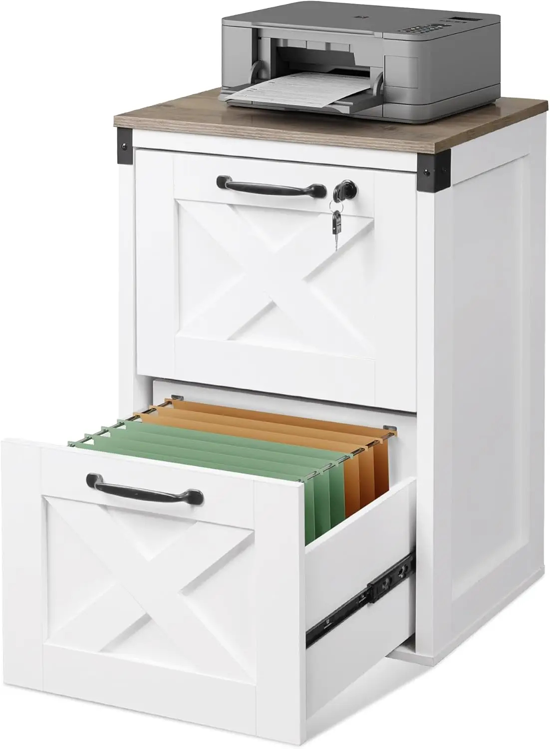 

2 Drawer File Cabinet with Lock, Wood Farmhouse Filing Cabinet for Home Office, Printer Stand Fits Letter and A4 Size, White