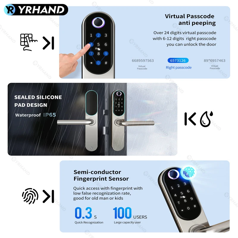 Yrhand tuya-家庭用のスマートドアロック,指紋,防水,耐火性,アプリ制御,wifi