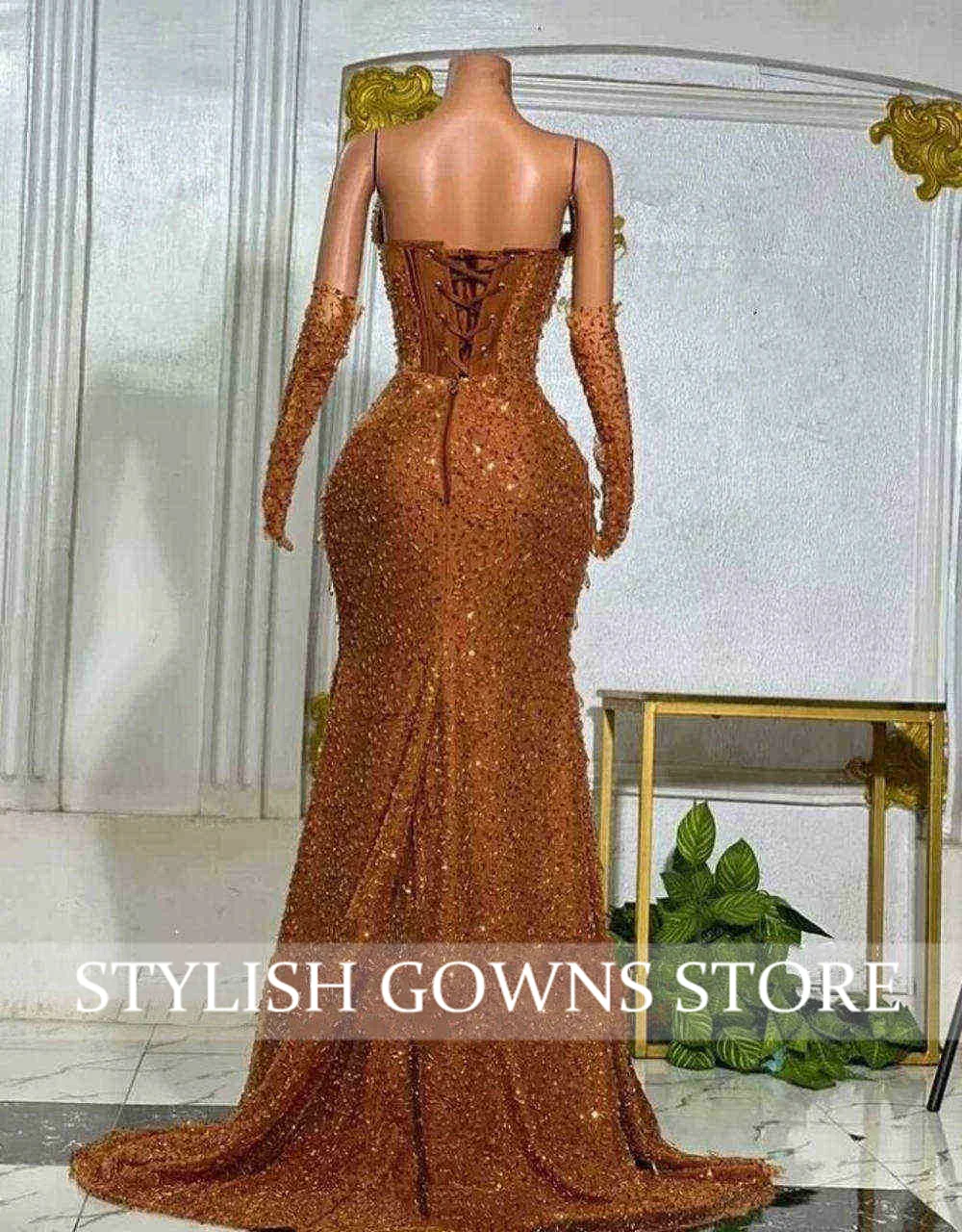 Vestido de fiesta largo marrón con cuello redondo 2025 para niñas negras, vestidos de fiesta de cumpleaños de cristal con cuentas, vestido Formal de sirena con abertura larga personalizado