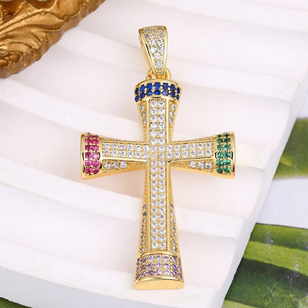 Juya 18K Gold Plated Cubic Zircon Big Size Rrthodox Catholic Christian Cross Pendants For DIY Religious Talisman Jewelry Making