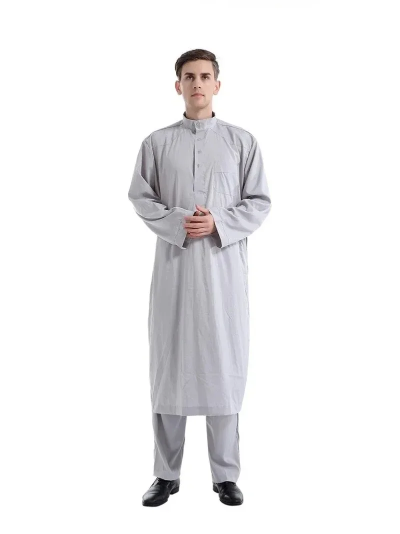 Jubah Muslim kostum Arab pria Thobe Ramadan kostum Solid Arab Saudi Arabia Lebaran Turki Abaya pakaian Islami nasional pria