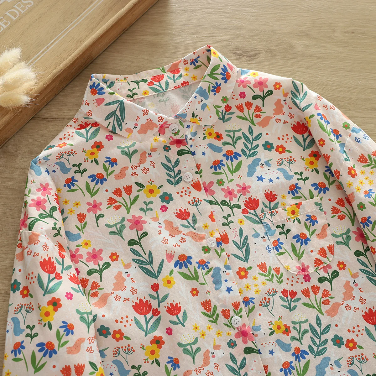 New Autumn Cotton Shirts Women Round Collar Cute Flower Print Tops Long Sleeve Pocket Loose Casual Blouses Spring T38524JM