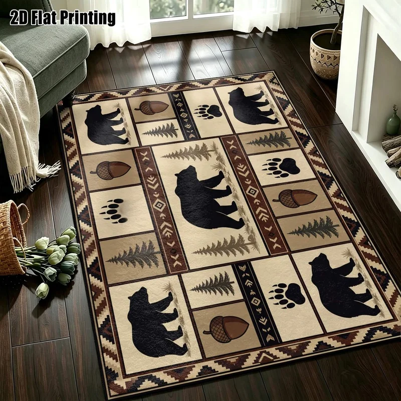 Large Indoor Area Rug, Soft Velvet Low Pile Machine Washable, Rustic Bear Pine Acorn Pattern, Warm Neutral Cabin Style Rug for Living Room Bedroom
