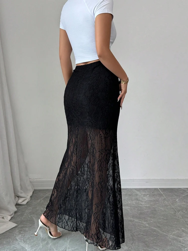 Kricesseen sexy feminino renda preta sereia maxi saia novas senhoras pura cintura alta saia elegante