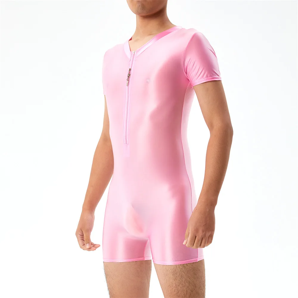 Sexy Men Undershirts Zipper Shorts Sleeve Seamless See Through Bodysuits Singlet Leotard Elastic Slip Sheer Jumpsuits Underwear